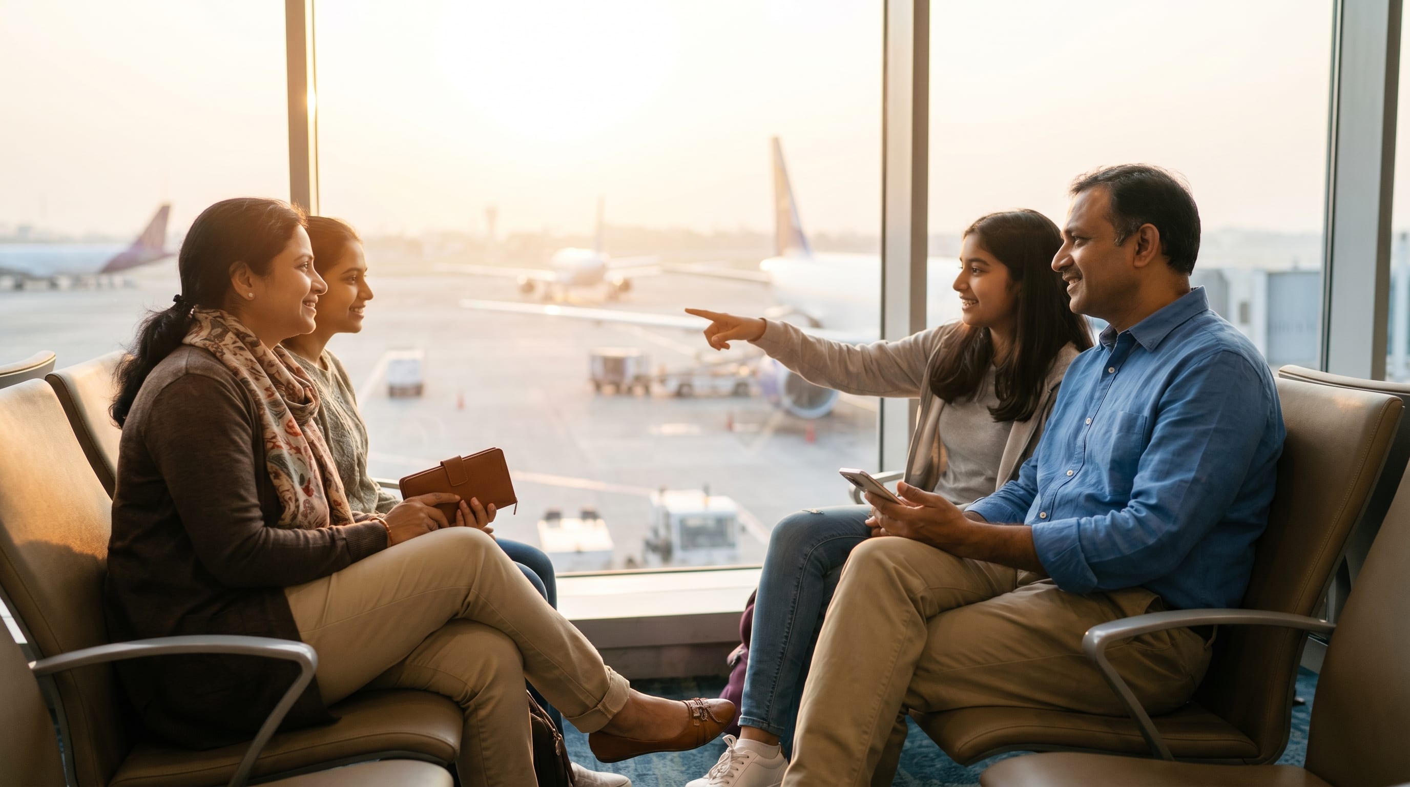 Indian family at an airport lounge, reassured by proper travel insurance cover
