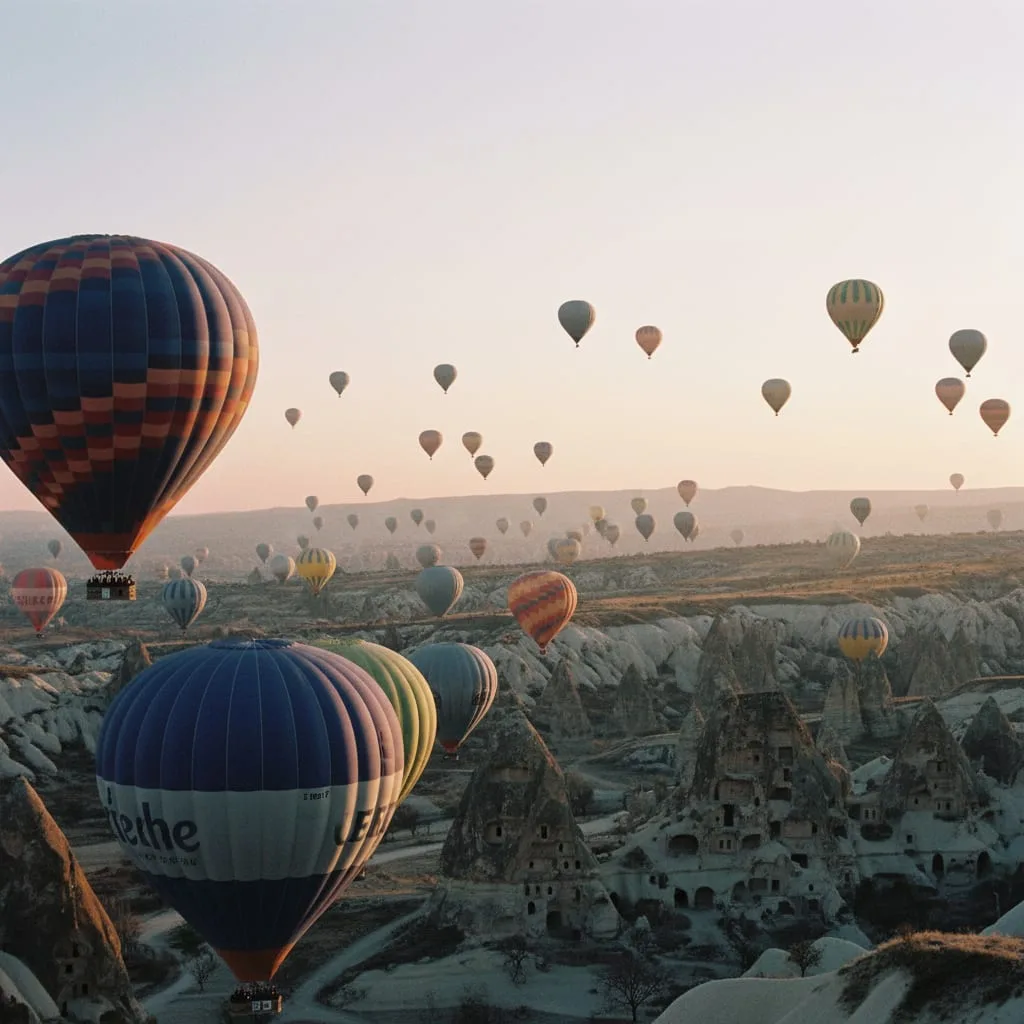 Hot air balloons over Cappadocia fairy chimneys at sunrise