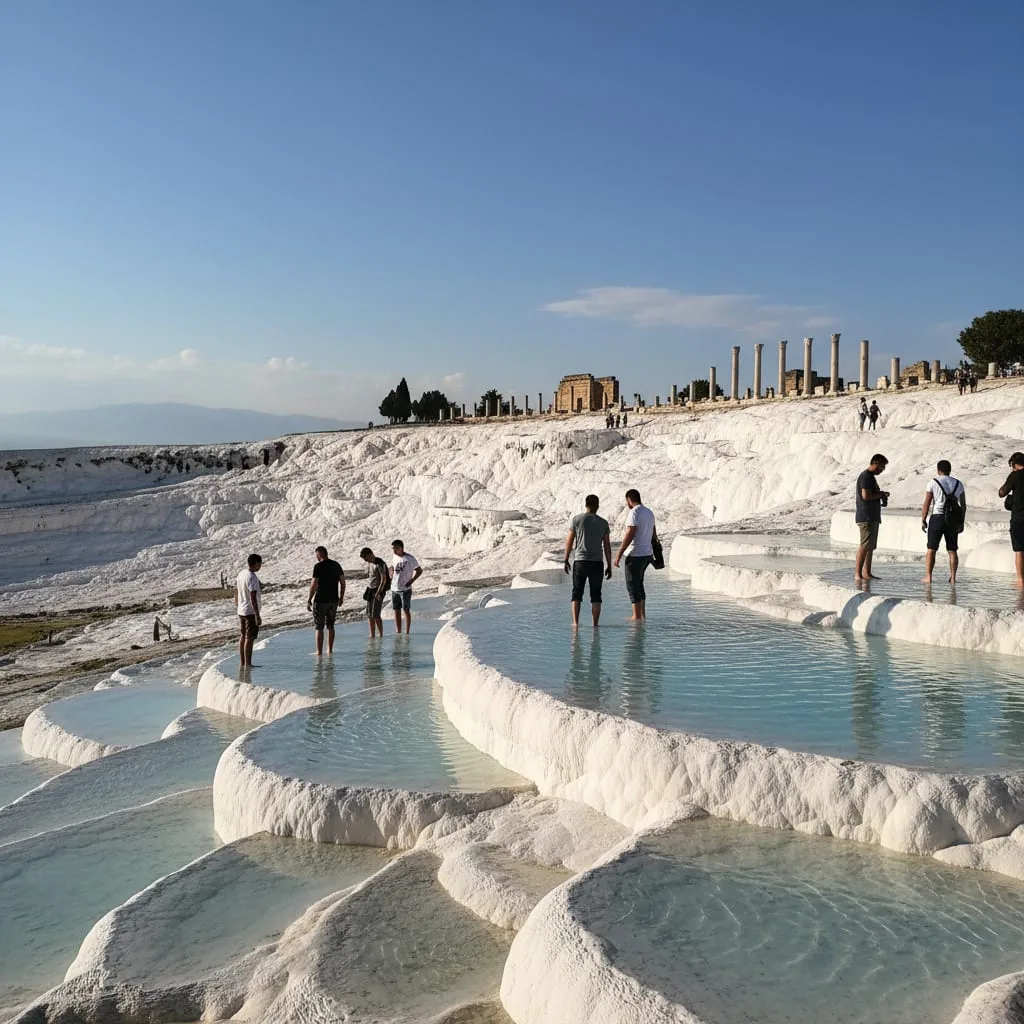 Pamukkale white travertine terraces with turquoise thermal pools