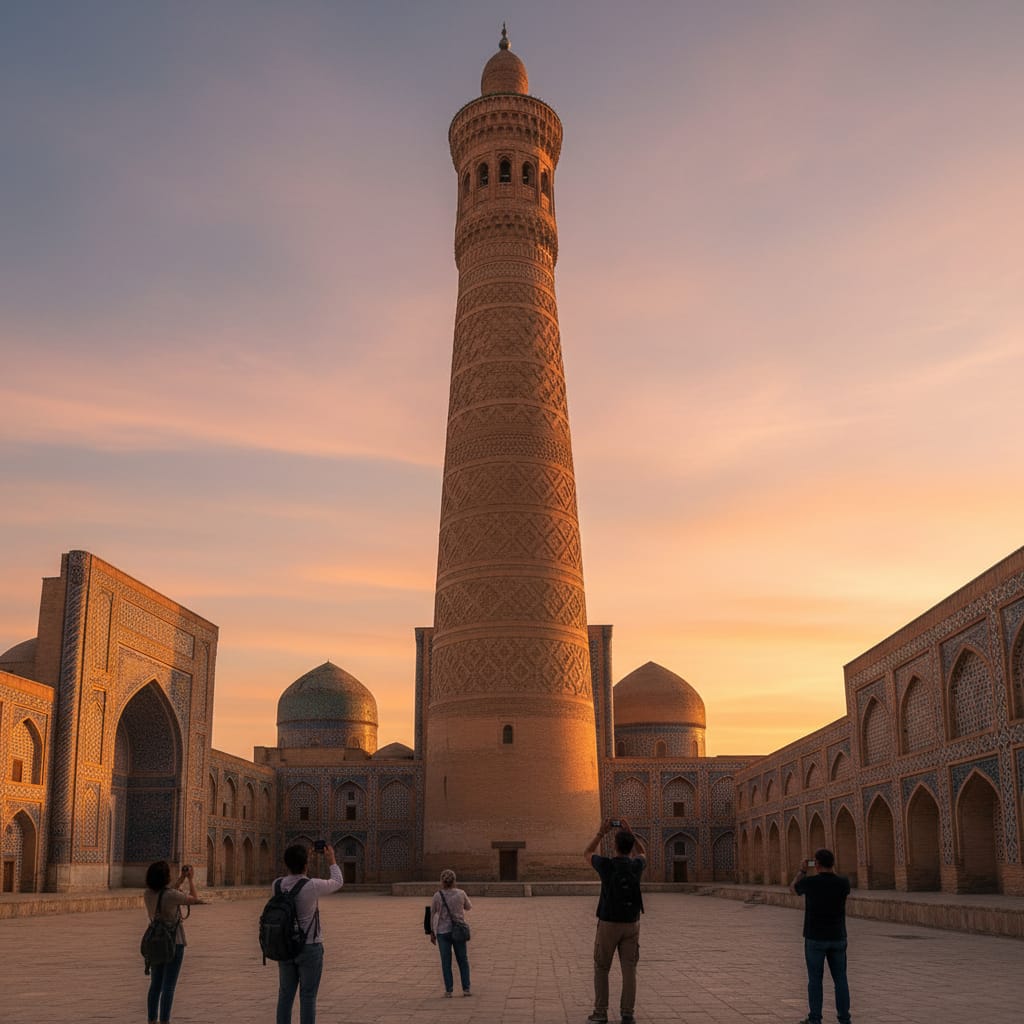Kalon Minaret Bukhara sunset - silk road travel from india
