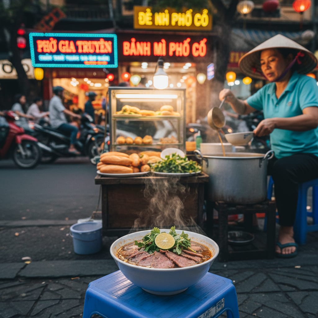 Vietnam street food scene with pho bo, banh mi and spring rolls in Hanoi Old Quarter