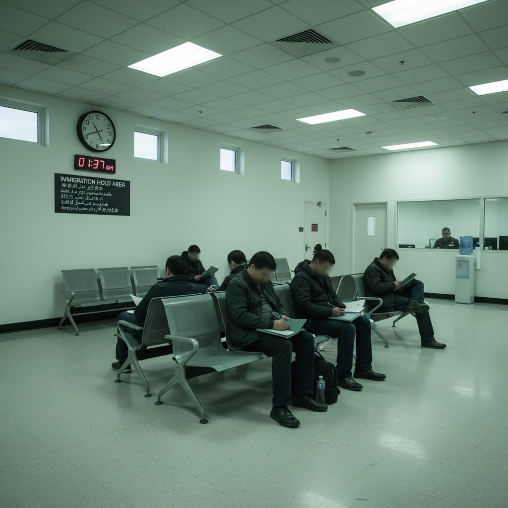 Airport immigration detention waiting area with harsh lighting