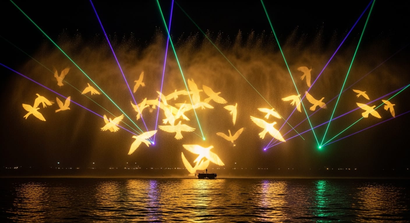 Wings of Time Sentosa water screen projection lit by lasers at night