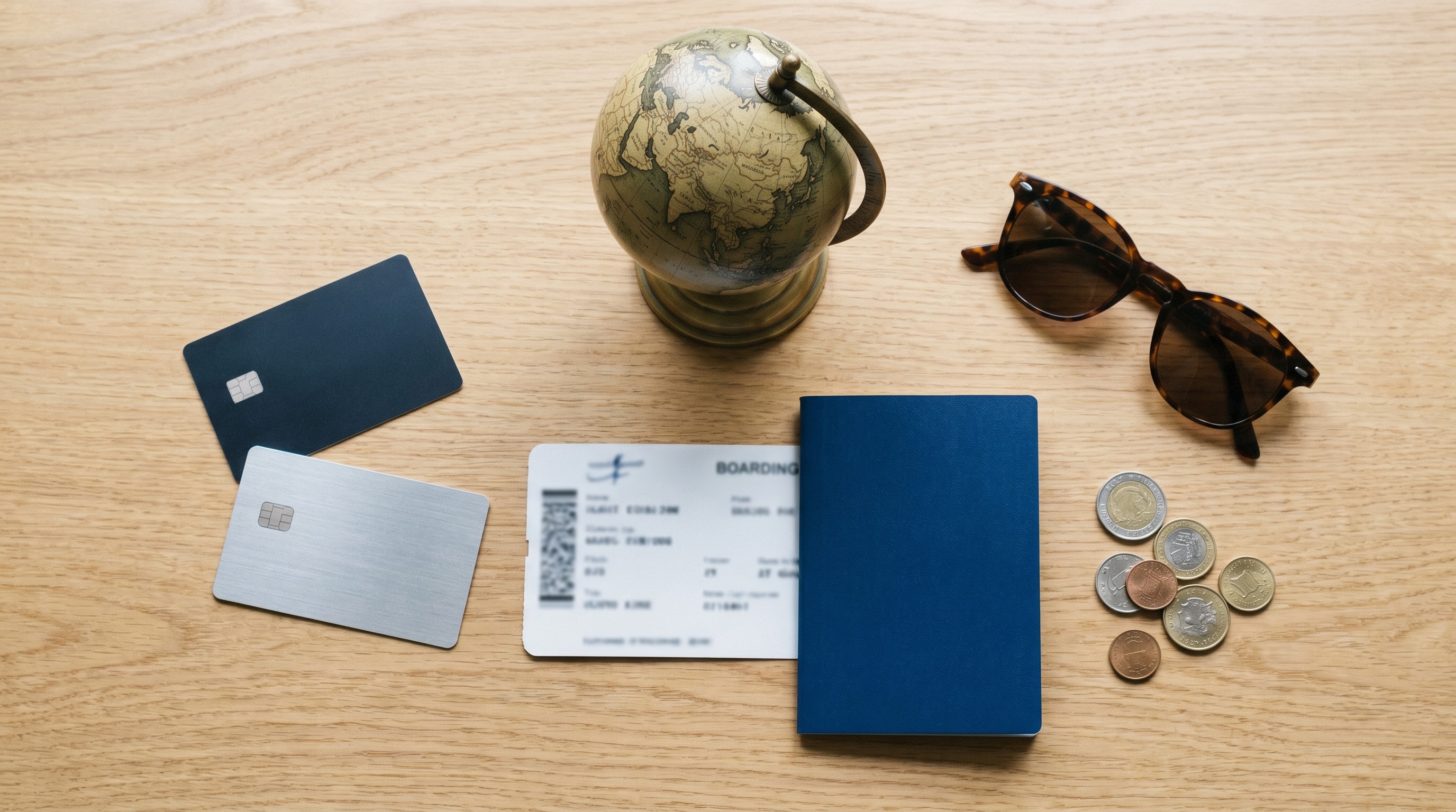 Flatlay of a zero forex markup credit card with globe, passport and boarding pass for international travel