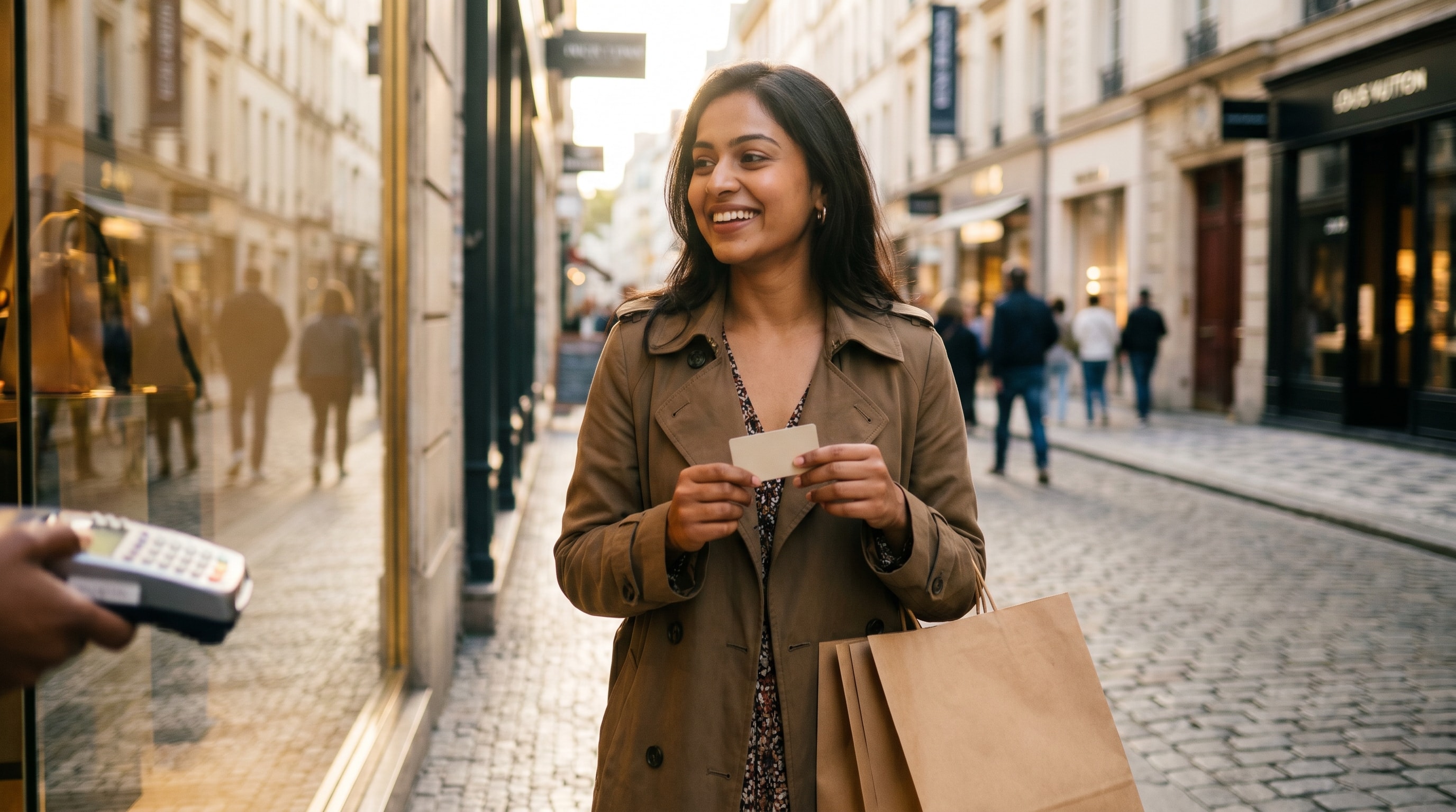 Indian traveller shopping abroad ready to pay with a low forex markup credit card