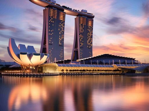 Marina Bay Sands illuminated at sunset, with the ArtScience Museum and reflection in the water. Marina Bay Sands