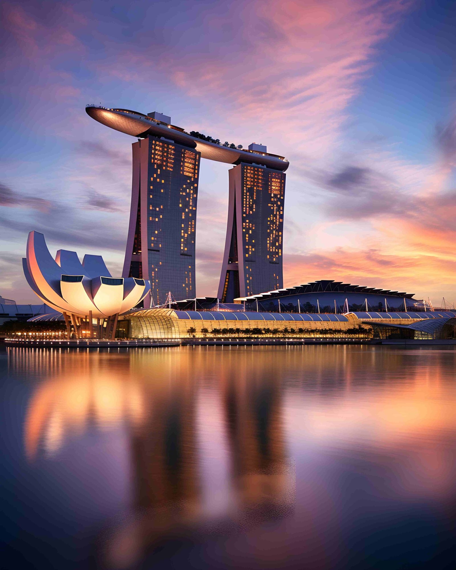 Marina Bay Sands illuminated at sunset, with the ArtScience Museum and reflection in the water. Marina Bay Sands