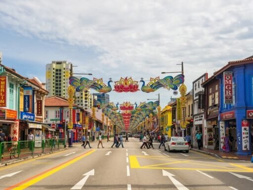 Colorful street in Singapore with traditional shops and vibrant decorations, showcasing the cultural richness of the area. Perfect for a Singapore tour package experience.