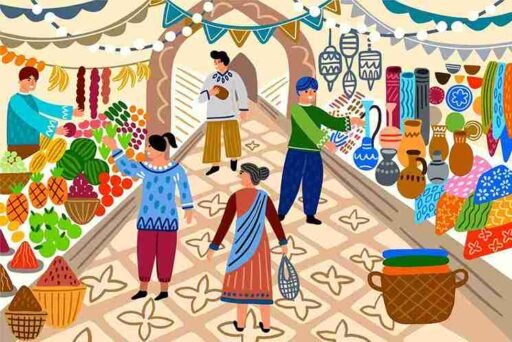 An animated depiction of people shopping in the bustling Green Bazaar, Almaty, with vibrant stalls showcasing fresh produce, local goods, and traditional items. Keywords: Green Bazaar, The Vibrant Market of Almaty.