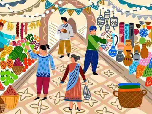 An animated depiction of people shopping in the bustling Green Bazaar, Almaty, with vibrant stalls showcasing fresh produce, local goods, and traditional items. Keywords: Green Bazaar, The Vibrant Market of Almaty.