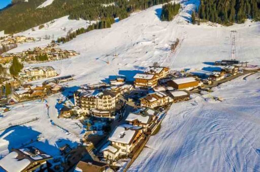 Beautiful aerial shot Shymbulak Ski Resort coverd by snow.