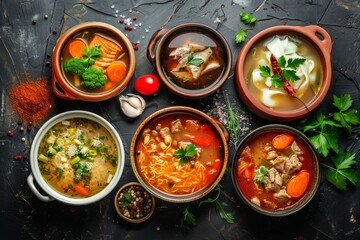 A traditional plate of Beshbarmak, the national dish of Kazakhstan, featuring tender boiled meat atop handmade noodles, garnished with fresh herbs and onion slices, surrounded by vibrant spices and ingredients on a rustic table."