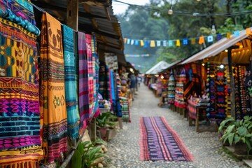 An outdoor scene from Green Bazaar, Almaty, showcasing vibrant displays of colorful handmade textiles, pottery, and souvenirs. The market stalls are adorned with traditional Kazakh patterns, reflecting the cultural richness and diversity of Kazakhstan. Keywords: green bazar, The Vibrant Market of Almaty.