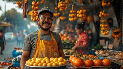 Smiling vendor at the Green Bazaar in Almaty surrounded by vibrant orange fruits, offering a glimpse into the local life and culture of this iconic market. Keywords: green bazar The Vibrant Market of Almaty.