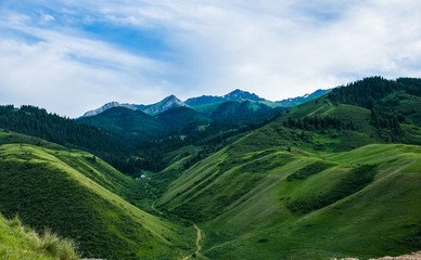 A breathtaking view of Alma-Ata City’s natural paradise, featuring turquoise lakes, lush greenery, and the majestic Tian Shan Mountains in the background