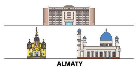 Illustration of landmarks in Almaty, featuring the Central State Museum, Zenkov Church, and a mosque, showcasing the city's cultural and architectural heritage.