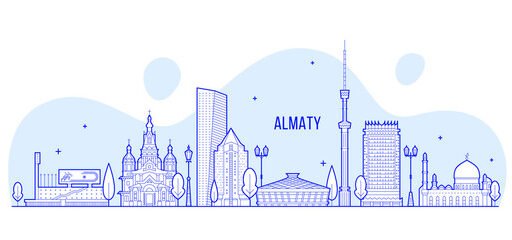 Line art illustration showcasing iconic Almaty attractions, including its architectural landmarks, modern skyline, and cultural heritage.