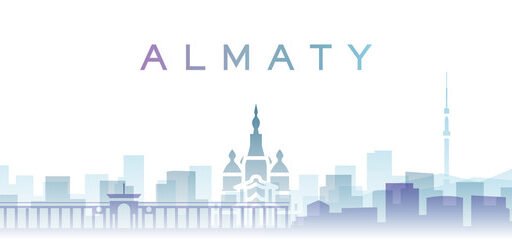 Minimalist skyline illustration of Almaty, showcasing iconic landmarks like the Ascension Cathedral and Kok-Tobe Tower, emphasizing the theme 'Almaty on a Budget' for affordable travel enthusiasts.