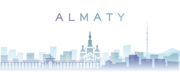 Minimalist skyline illustration of Almaty, showcasing iconic landmarks like the Ascension Cathedral and Kok-Tobe Tower, emphasizing the theme 'Almaty on a Budget' for affordable travel enthusiasts.