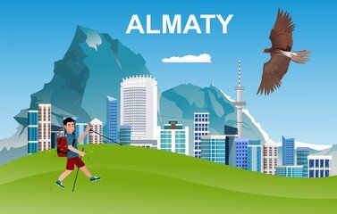 Illustration of Almaty city with the Tian Shan Mountains in the backdrop, a hiker exploring the green hills, and a soaring eagle, highlighting the theme 'Travel Tips for Almaty'.