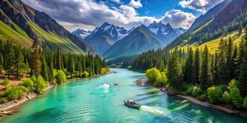 Scenic view of a serene river flowing through lush greenery and majestic mountains, featured in 'Travel Tips for Almaty'