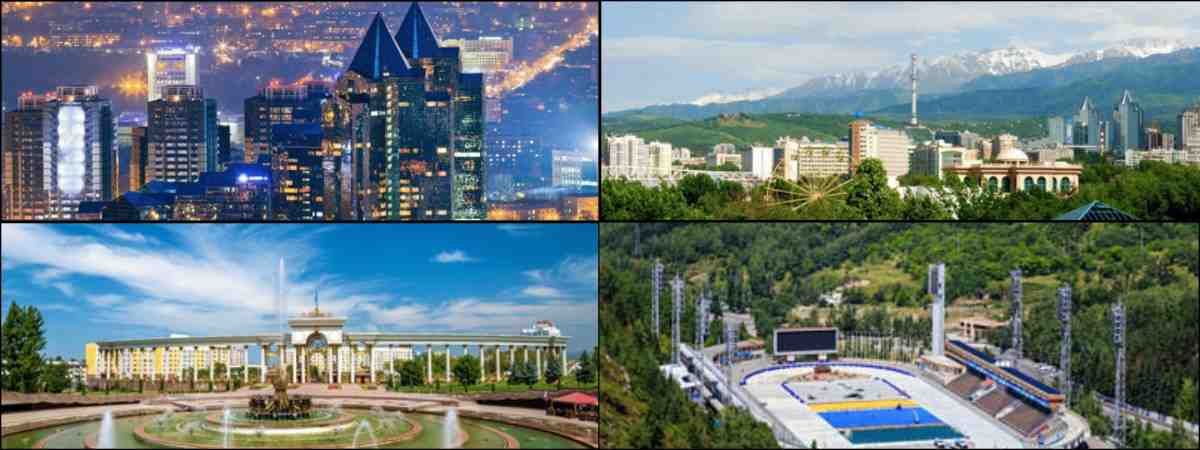 Almaty Cityscape and Attractions - Featuring stunning night views of the city, breathtaking mountain landscapes, iconic architectural landmarks, and the famous Medeu skating rink surrounded by lush greenery.