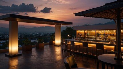 A stunning rooftop bar at sunset, offering breathtaking city views with a warm, ambient glow. The perfect spot for a relaxing evening drink. 