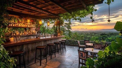 A picturesque rooftop bar in Almaty with lush greenery, a cozy seating area, and a stunning sunset view, perfect for enjoying Almaty’s rooftop bars.