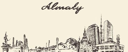 Illustration of Almaty's iconic skyline showcasing its historic landmarks and modern architecture, perfectly reflecting Almaty’s vintage vibes and cultural charm.