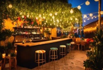 A cozy rooftop bar in Almaty adorned with string lights, vibrant decor, and a well-stocked bar, offering a serene and vibrant ambiance. Almaty’s rooftop bars.