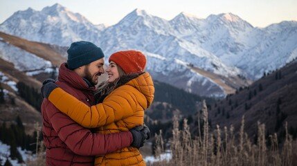 A romantic couple embracing in warm winter clothes against the backdrop of snow-capped Tian Shan mountains in Almaty, Kazakhstan. Romantic Almaty.